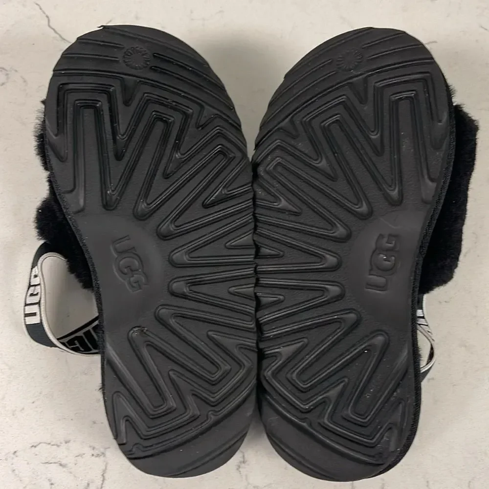 UGG Disco Slide Kids Black Fluffy Sandals - Slippers Size 13
